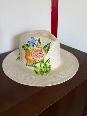 Onia Cream Straw Hat with Hand-Painted Orange & Green Floral Design